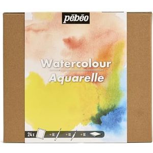 Pébéo Aquarel – set van 24 halve containers + accessoires + notitieboek + aquarelpapier – aquarelset voor kunstenaars en beginners – tankkwast + zwart vilt + aquarelboek – heldere kleuren