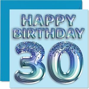 Verjaardagskaart 30e verjaardag heren - feestbal blauw glitter - verjaardagskaarten voor 30e man, broer, vriend, oom papa, 145 mm x 145 mm, wenskaarten voor dertigste dertigste