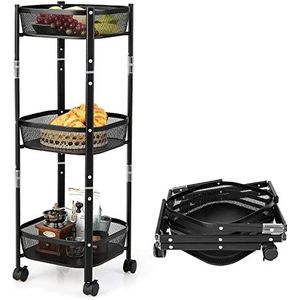 COSTWAY Opvouwbare keukenwagen met 3 etages met netmand voor keuken, badkamer, woonkamer, keuken, zwart