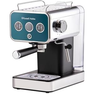 Russell Hobbs Distinctions 26450 Espressomachine, 15 bar pomp + Frother Steam melkwand, afneembaar waterreservoir, ESE-pads, theelichtbeker, oceaanblauw, S/staal, 1350 W