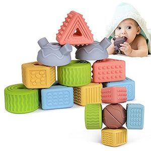TUMAMA 18 stuks babyspeelgoed blokken met veters om te leren bouwen, zacht stapelbaar, sensorische bijtringen, Montessori-spel, ideaal cadeau voor meisjes