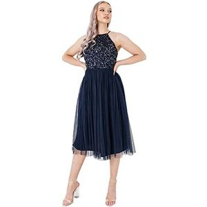 Maya Deluxe Maya Deluxetaupe Damesjurk, halterjurk, midi-jurk met blush-ornamenten, Navy Blauw