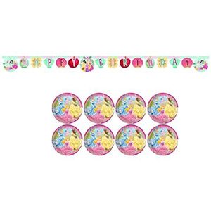 ALMACENESADAN -4778, set Disney prinsessen bestaande uit 8 kartonnen borden van 23 cm en slinger Happy Birthday ca. 2,40 m, ideaal voor feestjes en verjaardagen (8435510347789)