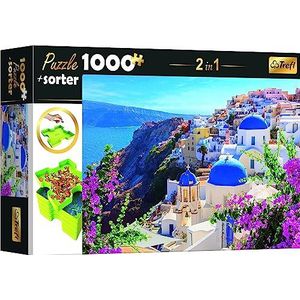 Trefl 10657 puzzel 1000 stukjes, 6 vakken, orde, sorteren, transport en opslag, creatief entertainment, voor volwassenen en kinderen vanaf 12 jaar, 2-in-1 set, zomervakantie op Santorini