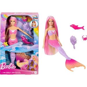 Barbie HRP97 Zeemeermin pop ""Malibu"" met roze haar, kappersaccessoires, huisdierdolfijn en watergeactiveerde kleurveranderingsfunctie