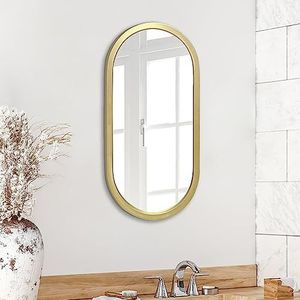 Americanflat Gouden ovale spiegel 30,5 x 61 cm - ingelijste ovale spiegel voor badkamer, woonkamer, slaapkamer - ovale make-upspiegel met verticale standaard - modern afgerond frame