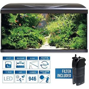 Amtra Aquarium System Tank V2 Aquarium compleet glas 85 liter, 11 W ledlicht en filterpomp inbegrepen, zoet of zout water, zwart, 80 x 32 x 48 cm