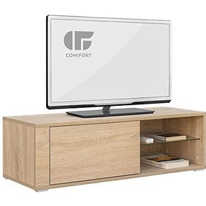 COMIFORT TV-standaard - Moderne woonkamertafel, deur met kliksysteem, plank van gehard glas, zeer robuust, gemaakt in Europa, kleur eiken