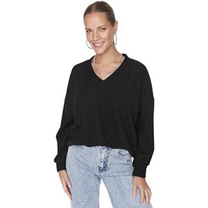Trendyol Sweat-shirt Surdimensionné avec col en V en maille de survêtement pour femme, Noir, XS