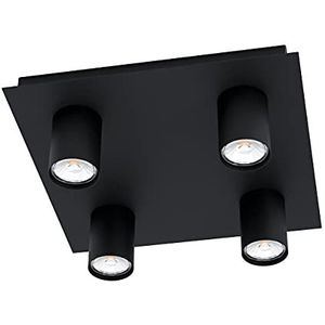 EGLO Valcasotto Led-plafondlamp, 4 lampen, minimalistisch, plafondspot van metaal, woonkamerlamp in zwart, LED-spots, warm wit, GU10, L x B 32 cm