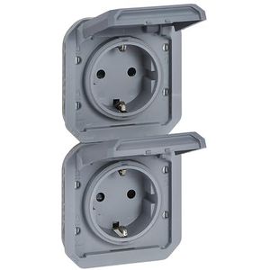 LEGRAND, Plexo New 069577L Schuko dubbel stopcontact standaard voor vochtige ruimtes met klapdeksel, contactbescherming, voorbedraad, verticaal, IP44 - IK08 (IP55 met gesloten deksel), grijs