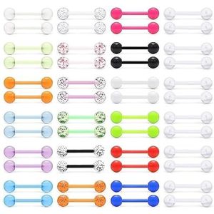 Colexy 48 stuks tongpiercings van kunststof, 14 g, tepelpiercing, acryl, glanzend, in het donker, kunststof, Kunststof
