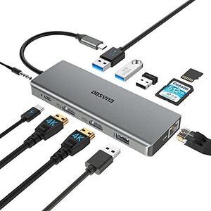 EUASOO USB C hub 11-in-1 drievoudig display USB C met 2 HDMI, 2 USB 3.0, 2 USB 2.0, 100W Pd 3.0, Ethernet, SD/TF-kaartlezer, audio/microfoon