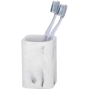 WENKO Desio Tandenborstelhouder, tandenborstelbeker voor tandenborstels, stenen beker in marmerlook, badkameraccessoire voor elegante decoratie, wit/grijs, 7,7 x 11 x 7,6 cm