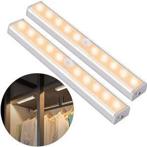 OUSFOT Led-kastverlichting met bewegingsmelder, 2 stuks, draadloos, met 4 magneetstrips, warmwit, voor trappen, slaapkamer, kast