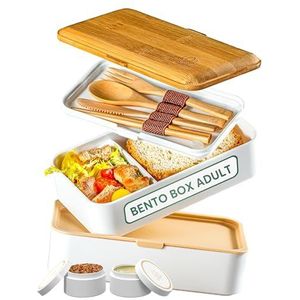 Umami Lunchbox, heren/dames, alles inclusief: 4 houten bestek en 1 sauspan (schroefbaar), luchtdichte Japanse bento-box met 2 lagen, magnetron- en vaatwasserbestendig, afvalvrij, BPA-vrij