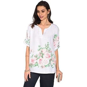 Bonateks Tunique Haut Femme 100% Lin Fabriquée en Italie, Top à col Tunisien avec imprimé Floral et Manches Longue attachables, Blanc, Taille: M, Blanc, M