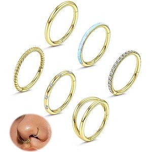 Adramata Neuspiercing, 6 stuks, 18 g, septum, scheiding, chirurgisch staal, neus, helix, conch, piercing, ring, tragus, oorpiercing, neusring, set voor dames en heren