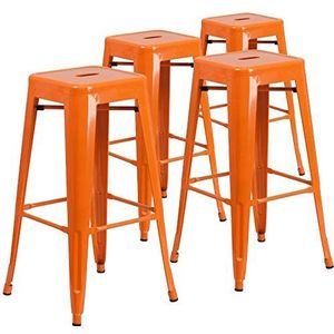 Flash Furniture Barkrukken van metaal, hoge rugleuning, voor binnen en buiten, met vierkante zitting, kunststof en rubber, oranje, 76,2 cm, 4 stuks