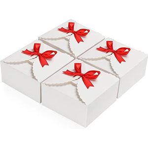 Belle Vous Geschenkdoos van kraftpapier met rood lint (50 stuks) – vierkante kraftdoos – 12 x 12 x 6 cm – kleine geschenkdozen voor feestjes, verjaardagen, bruiloften
