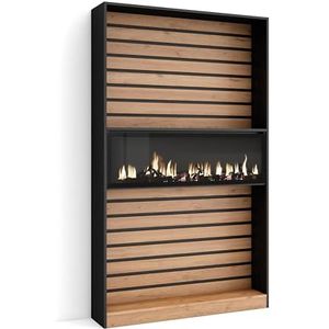 Skraut Home Boekenkast | Wandrek | 110 x 186 x 25 cm | Woonkamer - Eetkamer - Kantoor | Elektrische open haard LED | Moderne stijl | Eik en zwart