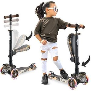 Hurtle Kinderstep, 3 wielen, opvouwbare kinderstep met verstelbare hoogte, antislip dienblad, led-verlichte wielen, step voor meisjes/jongens van 2 tot 12 jaar
