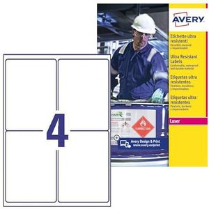 Avery B3483-50 Extra sterke lijm, industriële SGH-etiketten, waterdicht, extreem robuust, 4 etiketten per A4-vel, wit