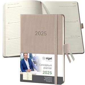 SIGEL Conceptum C2561 Agenda semainier 2025, env. A6, taupe, couverture rigide, 176 pages, élastique, passant pour stylo, pochette d'archives, certifié PEFC, Conceptum