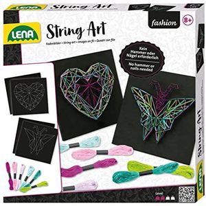 LENA 42650 knutselset String Art vlinder en hart, complete set voor 2 afbeeldingen van gespannen draden, met 2 basisplaten, naalden en 6 kleurrijke draden, voor kinderen vanaf 8 jaar, meerkleurig