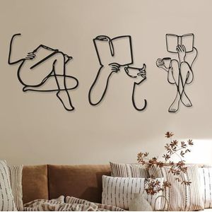 Set van 3 minimalistische abstracte metalen wanddecoraties voor vrouwen - Moderne muurkunst met één lijn - Unieke lijn wanddecoratie voor slaapkamer, keuken, badkamer, woonkamer (zwart,