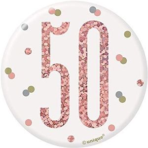 Unique Party 84870 - Badge 50e verjaardag - 7,5 cm - verjaardagsfeest met roodgoud glitter