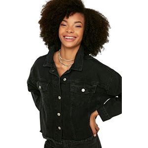 Trendyol Black Skirt Tip Tassels Crop Denim dames jeansjack kort met kwasten en zwarte rok, zwart.