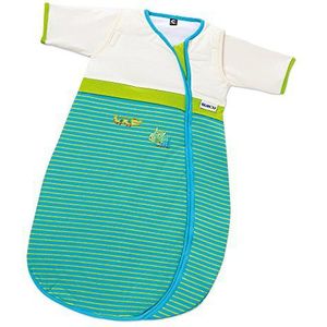 Gesslein Bubou 773125 Babyslaapzak met afneembare mouwen: slaapzak voor het hele jaar met temperatuurregeling voor baby/kinderen, maat 110 cm, groen/turquoise gestreept met krokodil en vis