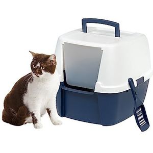 IRIS USA Jumbo gesloten kattenbak met voordeur en kattenschep met capuchon en gemakkelijk toegankelijke handgreep en gespen voor draagbaarheid en privacy, marineblauw/wit