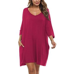 Doaraha Katoenen nachthemd voor dames, grote maat, nachthemd, lange mouwen, losse pasvorm, kort, sexy, comfortabel en aangenaam om te dragen, Rood