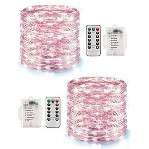 2 stuks lichtsnoeren voor buiten, 10 m, 100 leds, 8 modi, koperdraad, waterdicht, IP68, met afstandsbediening en timer voor Kerstmis, feest, tuin, bruiloft, bruiloftsdecoratie, koud wit