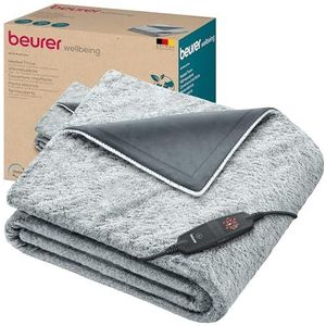 Beurer HD 75 Nordic Grey Green Planet Couverture chauffante, face supérieure/inférieure en matériau recyclé, douce et moelleuse, 6 niveaux de température, lavable en machine, 180 x 130 cm