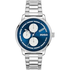 HUGO #Stamp Multi Collection Multifunctioneel analoog kwartshorloge voor heren met zilveren roestvrijstalen band - 1530386, blauw, Blauw