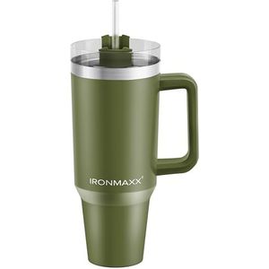 IronMaxx Gobelet avec poignée V1 - Vert olive - 1,2 l - Avec paille incluse - Design moderne et fin en acier inoxydable - Isolation à double paroi - Garde au chaud et au froid