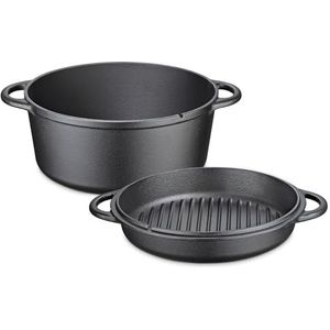 Küchenprofi Geëmailleerde gietijzeren braadpan voor barbecue, vuurschaal en alle warmtebronnen, inclusief inductie, ovenbestendig, deksel als grillpan, Ø 26 cm, 5 liter, zwart