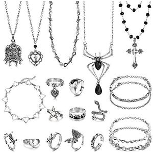 Adramata Gothic sieraden set voor dames, 20 stuks, punk halskettingen, gotische Y2K, gotische armbanden voor dames, slangenringen, kruis, grunge kettingen, accessoires, punk, Y2K