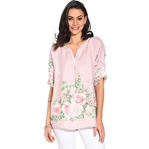 Bonateks Tunique Haut Femme 100% Lin Fabriquée en Italie, Top à col Tunisien avec imprimé Floral et Manches Longue attachables, Satin, Taille: S, Satin, S