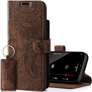SURAZO Premium case voor Apple iPhone 14 Max telefoonhoes echt lederen tas met magnetische kaartenvak RFID-bescherming bloemenpatroon bruin