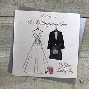White Cotton Cards To a Special Zon and Daughter-in Law on Your Wedding Day bruidsjurk en Schotse kilt kaart