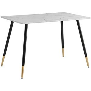 39F FURNITURE DREAM Scandinavische designtafel met marmeren papieren blad, metalen poten, zwart en goud, voor keuken, eetkamer, woonkamer, MDF, wit, 110 x 70 x 75 cm