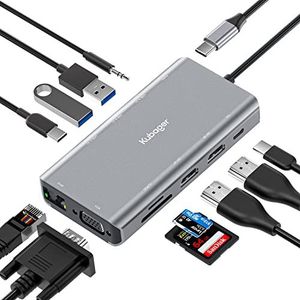 Kubager USB C Hub - 11-in-1 USB C-adapter met Dual HDMI 4K, 2 USB-A 3.1, 1 USB-C 3.1, PD 100W, SD/TF, Ethernet 1000M, USB C dockingstation voor MacBook Pro/Air, PS4, laptop