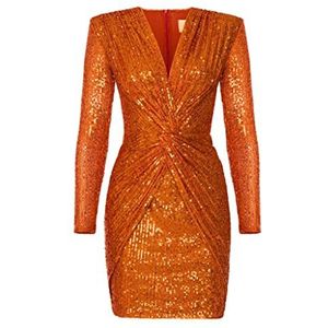 Swing Fashion Mini-jurk voor dames, elegante jurk, partyjurk, avondjurk, bruiloftsjurk, korte jurk, paillettenjurk, V-hals, lange mouwen, oranje, maat 34 (XS), oranje, XS, Oranje