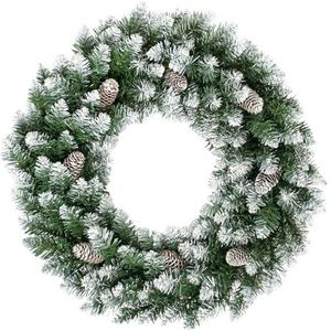 Ronde kerstkrans, 60 cm, groen, met sneeuwvlokdecoratie, 120 punten dennenbladeren, 8 lange dennenappels, kerstdecoratie om op te hangen