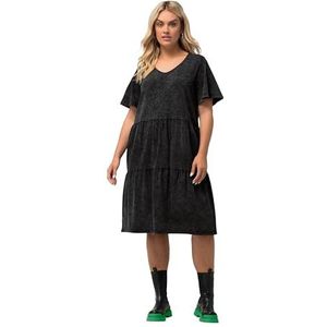 Ulla Popken Robe en jersey pour femme, aspect jean, ligne A, col en V, robe à manches mi-longues, Noir, 64-66