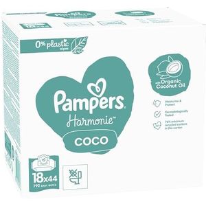 Pampers Harmonie Coco babydoekjes, 18 verpakkingen met elk 44 doekjes = 792 babydoekjes, met kokosolie om de gevoelige huid van baby's te hydrateren en te beschermen